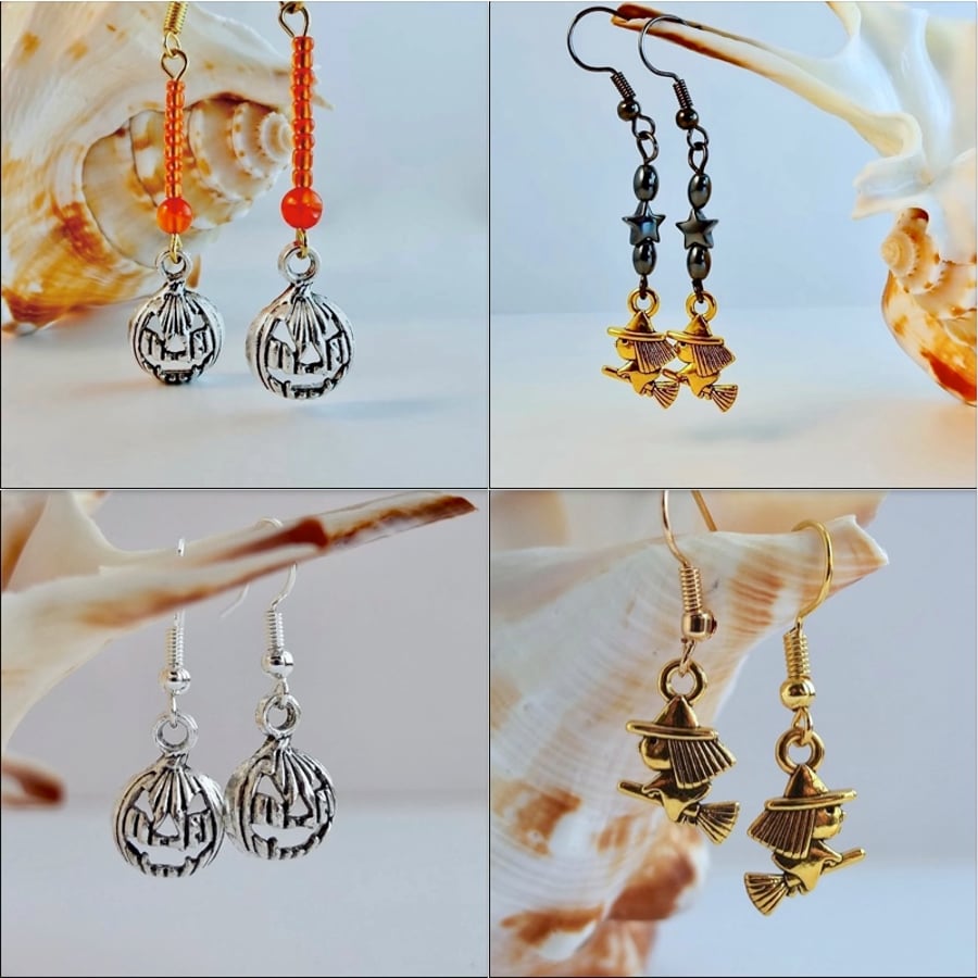 Halloween Set Of 4 Witch & Pumpkin Spooky Earrings, Value Pack, Includes UK P&P