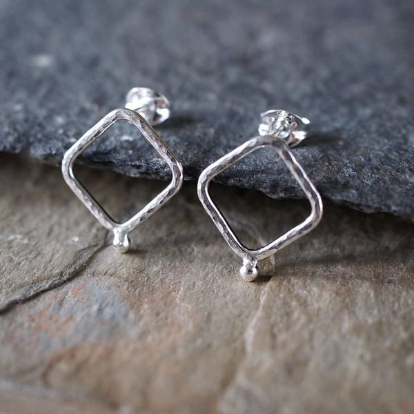 Square diamond shaped silver stud earrings