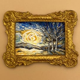 Tiny Miniature Painting, Doll house scale, Winter landscape sunset, snow & trees