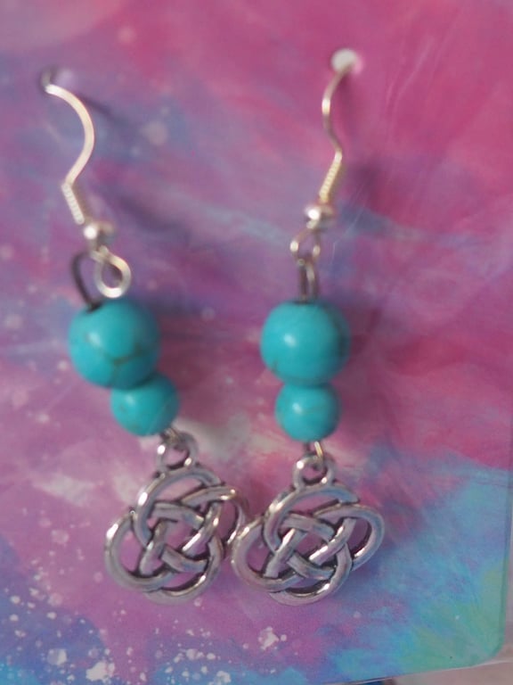 Turquoise Beaded Dangle Earrings with Small Celtic Knot Charms