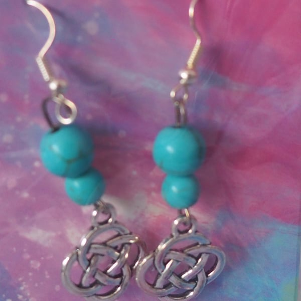 Turquoise Beaded Dangle Earrings with Small Celtic Knot Charms