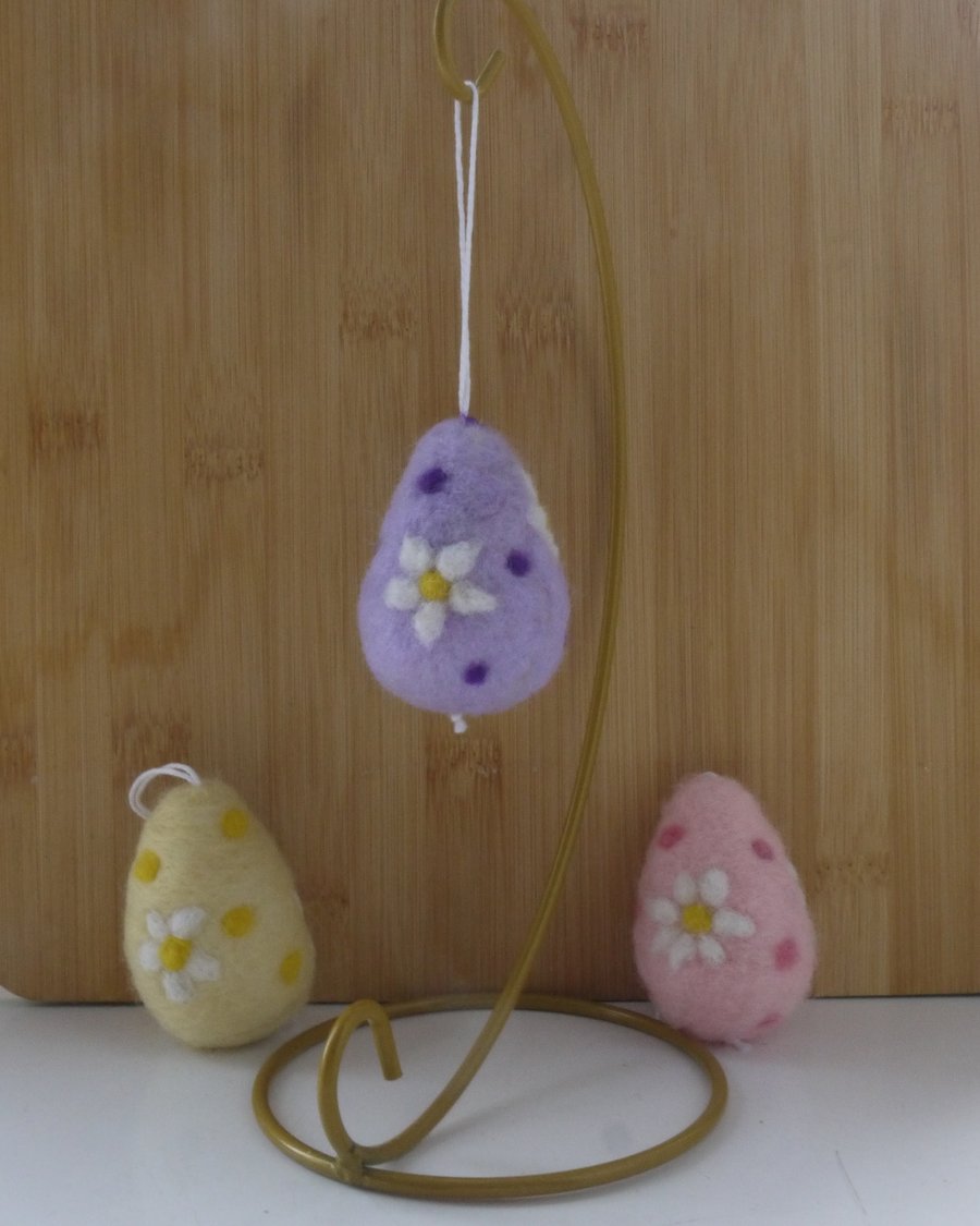 Set of three needle felted pastel floral easter egg hanging decorations 
