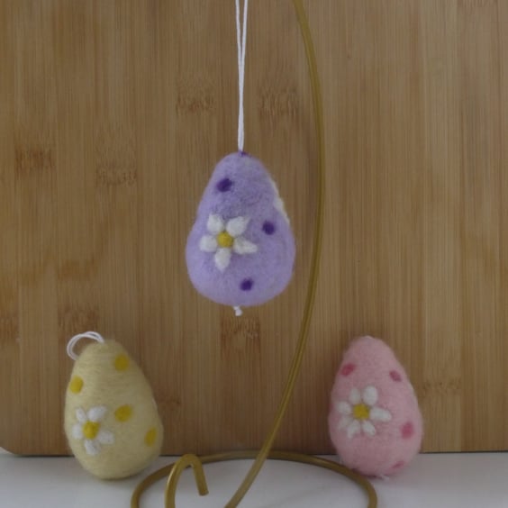 Set of three needle felted pastel floral easter egg hanging decorations 