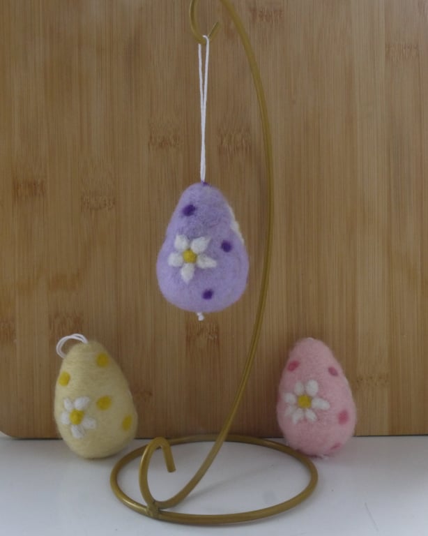 Set of three needle felted pastel floral easter egg hanging decorations 