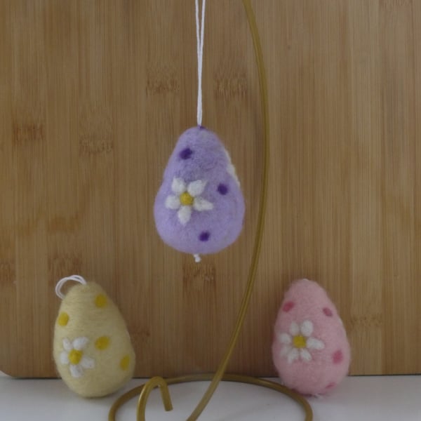 Set of three needle felted pastel floral easter egg hanging decorations 