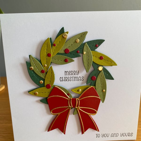 Handmade Traditional Christmas Wreath Card – Red & Gold Bow 