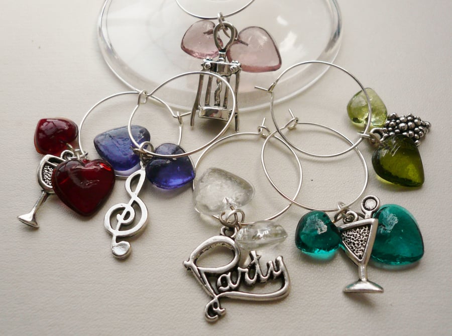 Glass Dual Heart and 'Party' Themed  Wine Glass Charms Set of 6  WG6