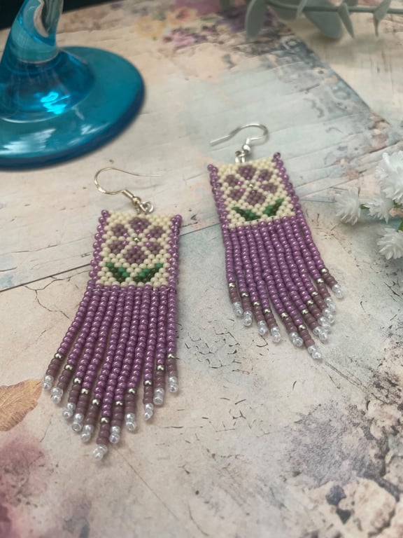 Lilac Flower Seed Bead Earrings, Handwoven Floral Fringe Drop Earrings