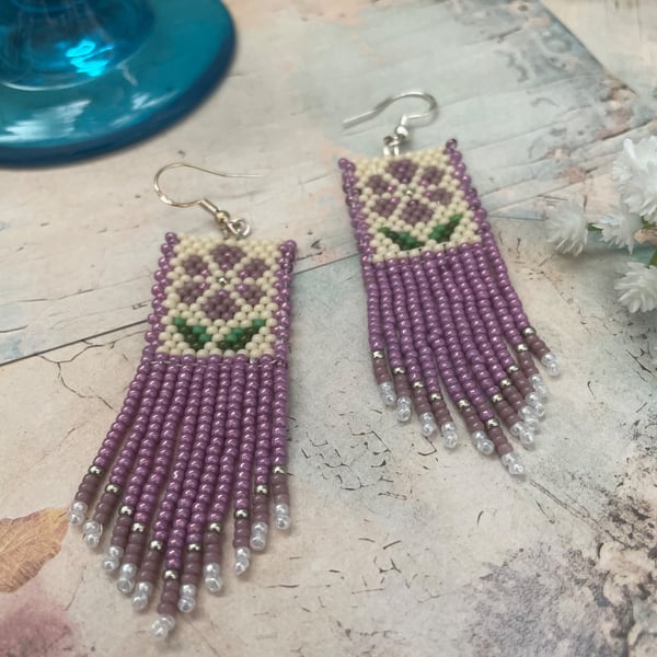 Lilac Flower Seed Bead Earrings, Handwoven Floral Fringe Drop Earrings