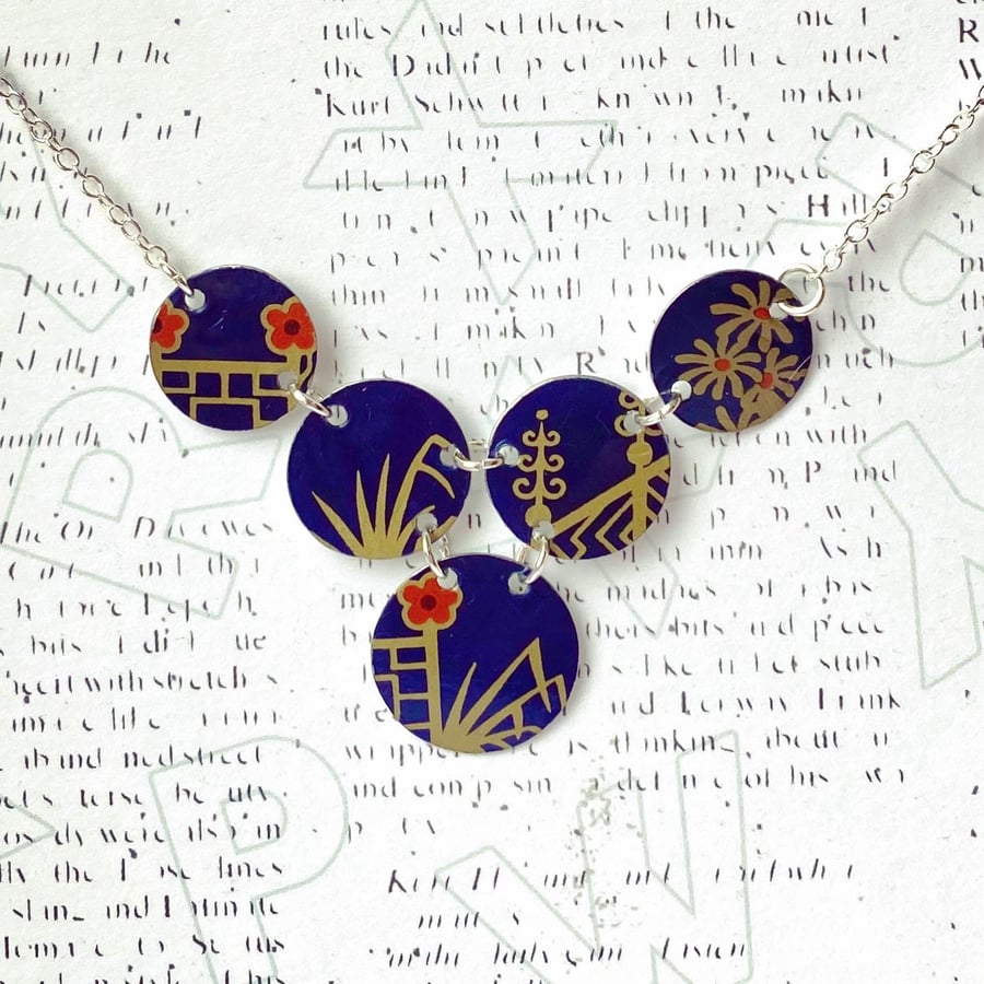 Recycled vintage tin navy blue multi disc link necklace