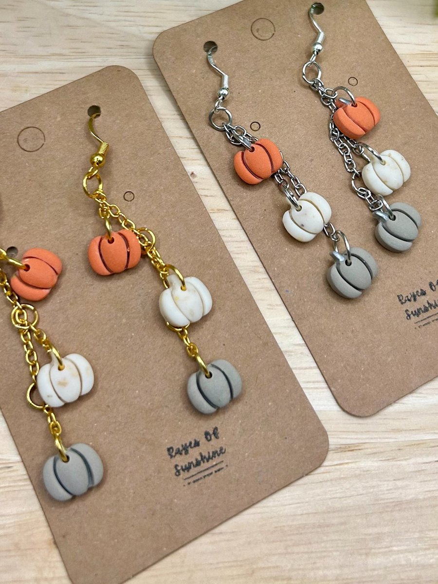 Pumpkin Drop Earrings, Silver or Gold, Handmade Polymer Clay