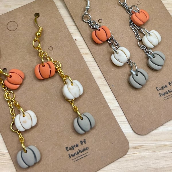 Pumpkin Drop Earrings, Silver or Gold, Handmade Polymer Clay