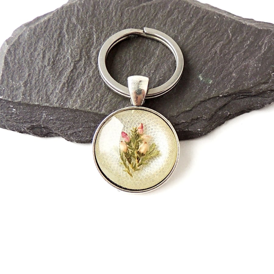 Pink Heather Flower Keyring - 1434a