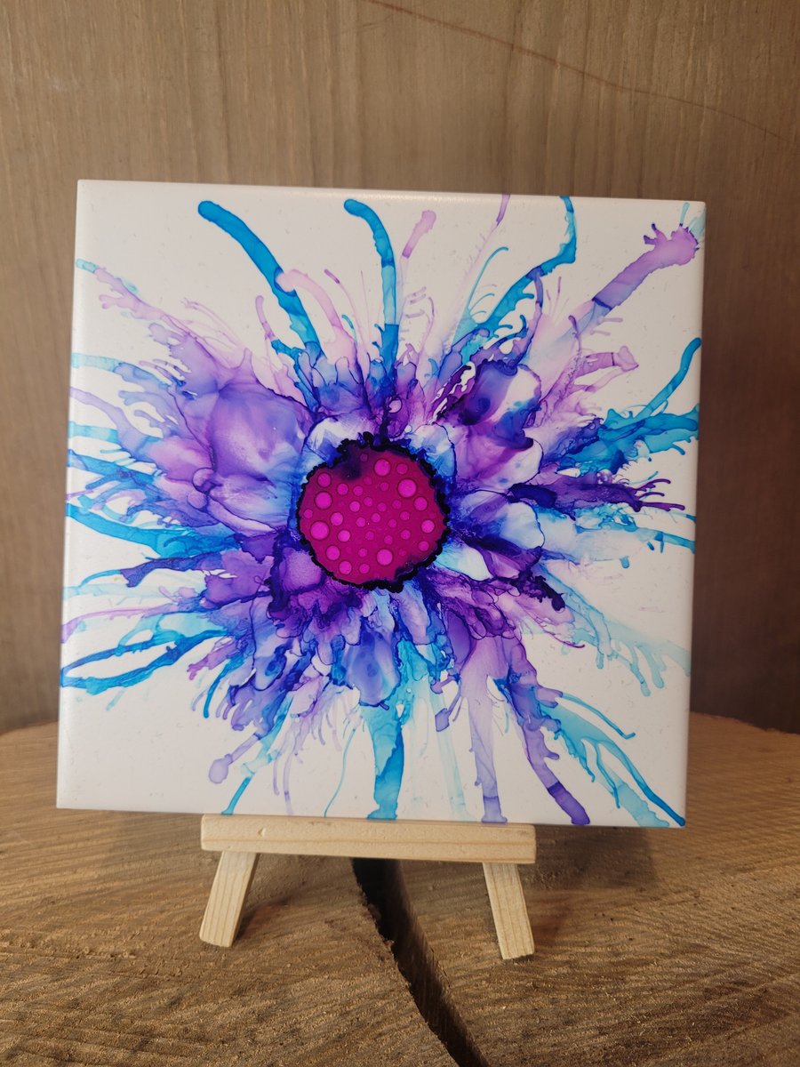 Blue and purple flower Alcohol Ink tile - Folksy
