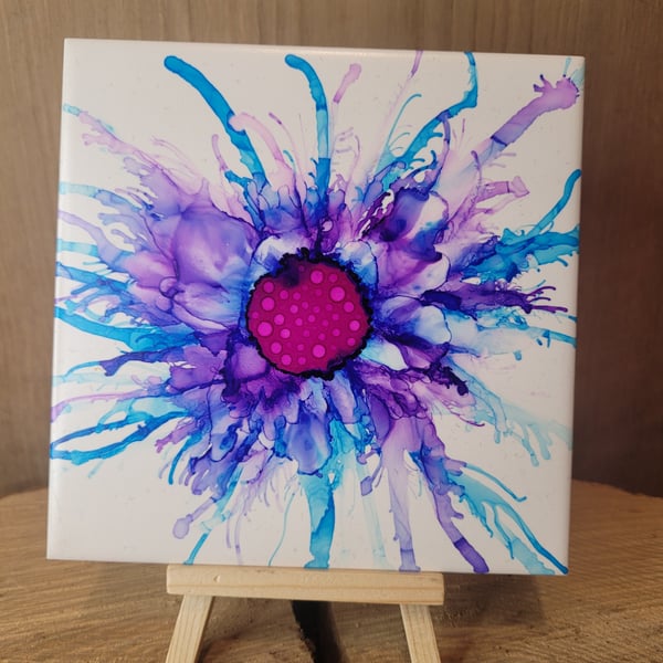 Blue and purple flower Alcohol Ink tile