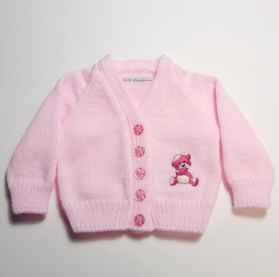 Baby cardigan with embroidered teddy motif. 0-3 months