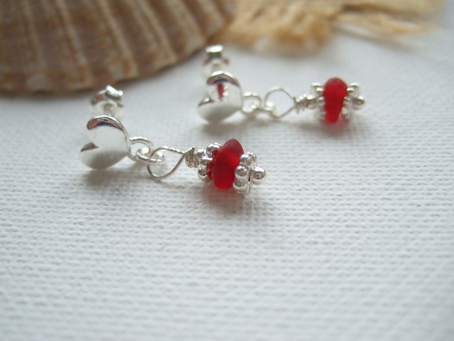 Seaham Red Sea Glass Earrings, Red Beach Glass Heart Studs Sterling Silver