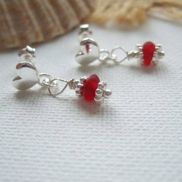 Seaham Red Sea Glass Earrings, Red Beach Glass Heart Studs Sterling Silver