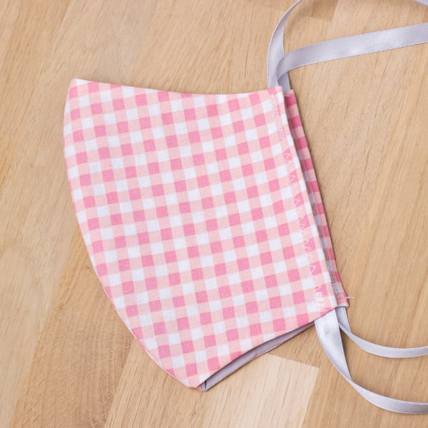 Face covering - Adult cotton face mask with ties - 2 layer pink gingham pattern
