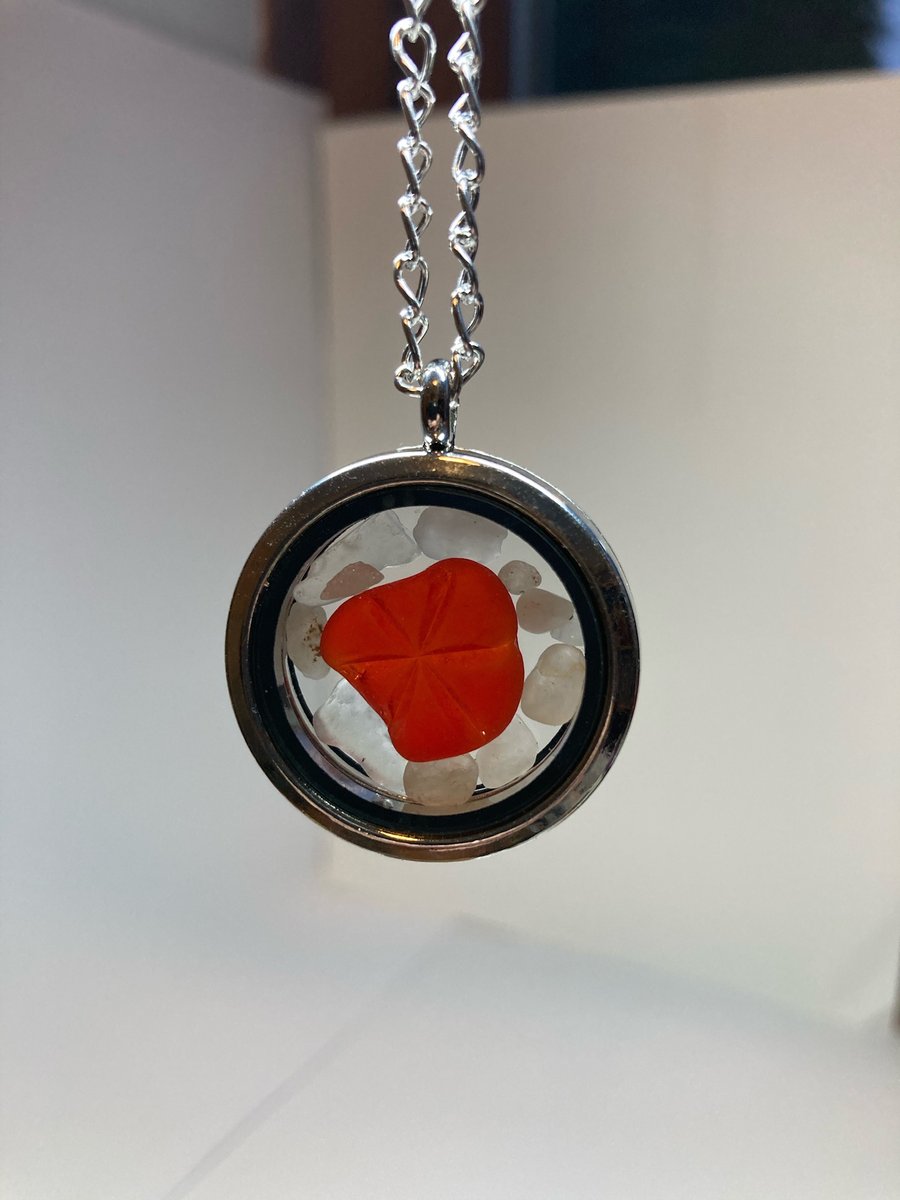 Red seaglass silver plated locket on 22in silver plated chain