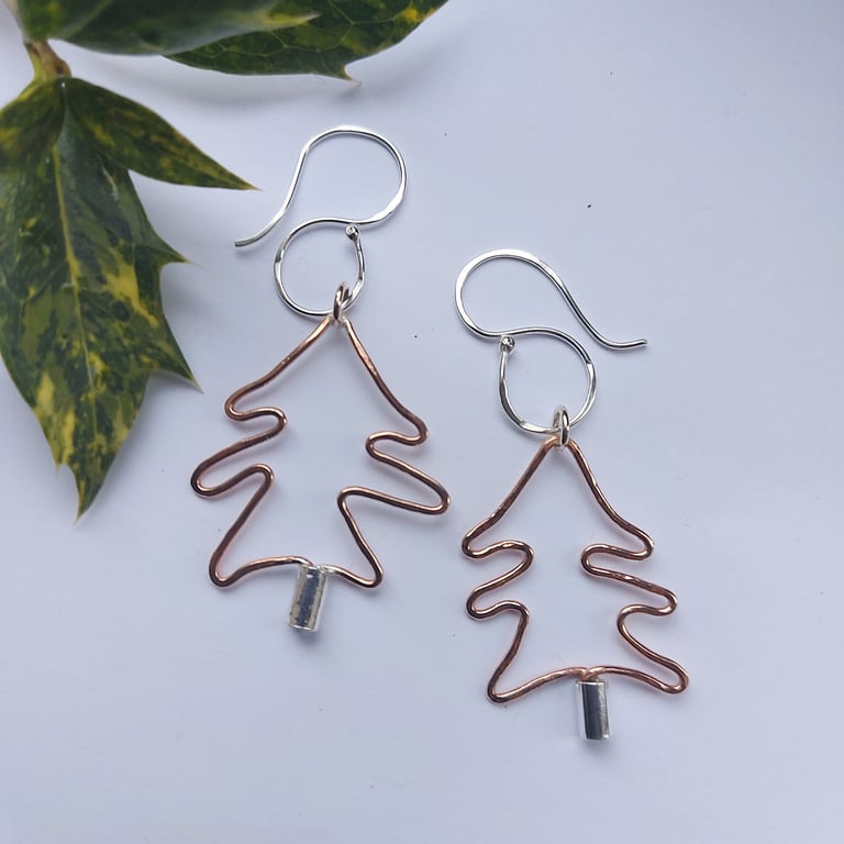 Christmas Tree Dangle Earrings. Mixed metals, Sterling silver and  Copper