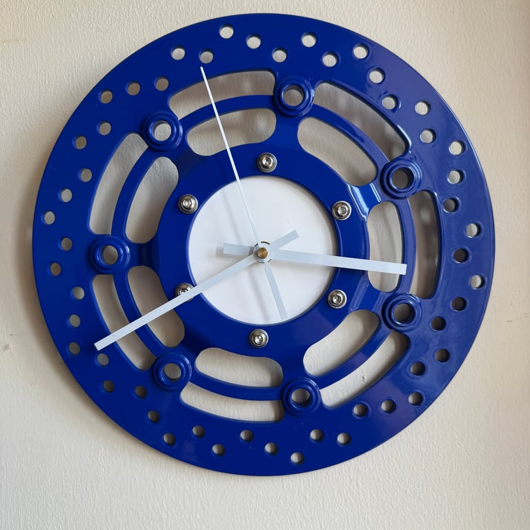 Blue and White Motorcycle brake disc clock