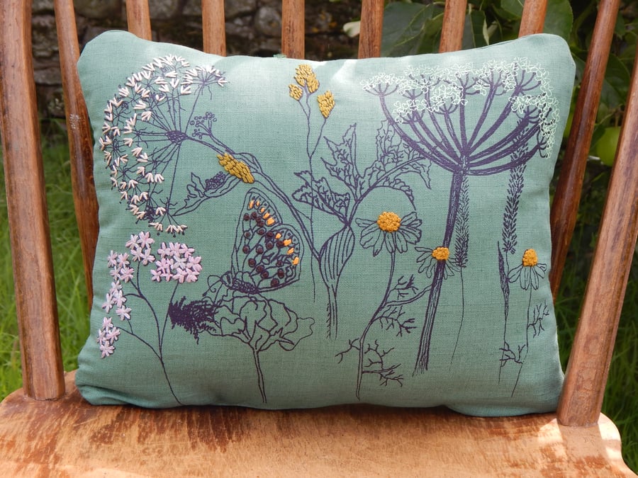 Green Linen - Screen printed wild flower cushion 