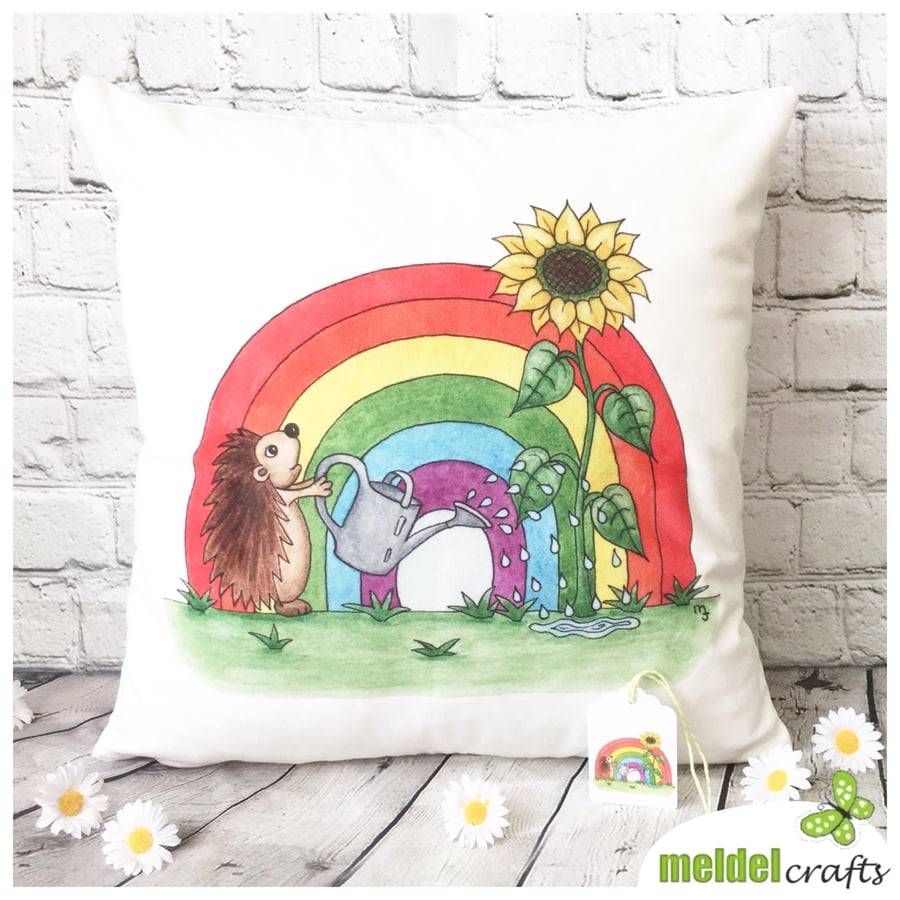 Hedgehog with Sunflower & Rainbow Cushion Cover - Soft Hedgehog Cushion