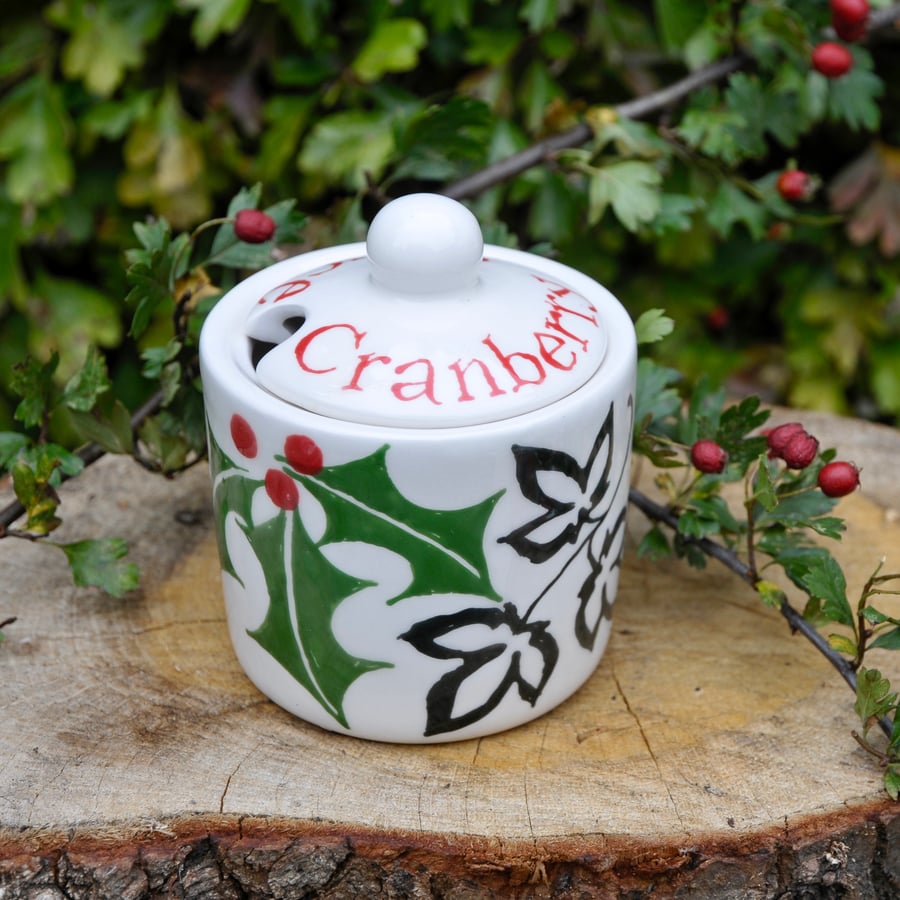 Christmas Holly & Ivy Cranberry Sauce Pot - Hand Painted