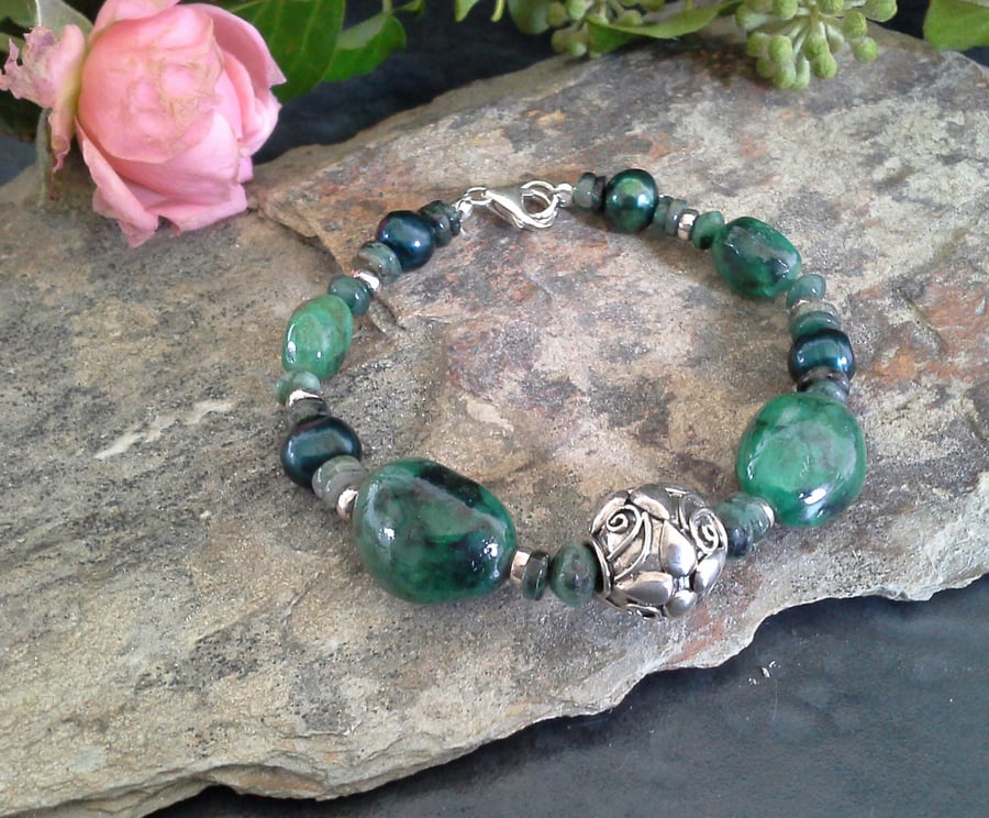 Natural Chunky Genuine Emerald & Freshwater Pearl, Sterling Silver Bracelet