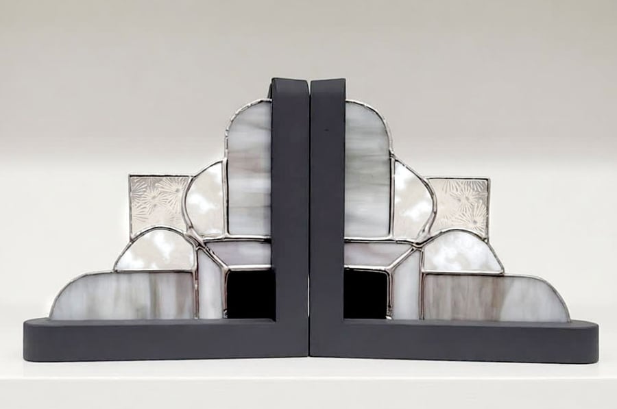 Stained Glass Monochrome Bookends Art Deco Design 