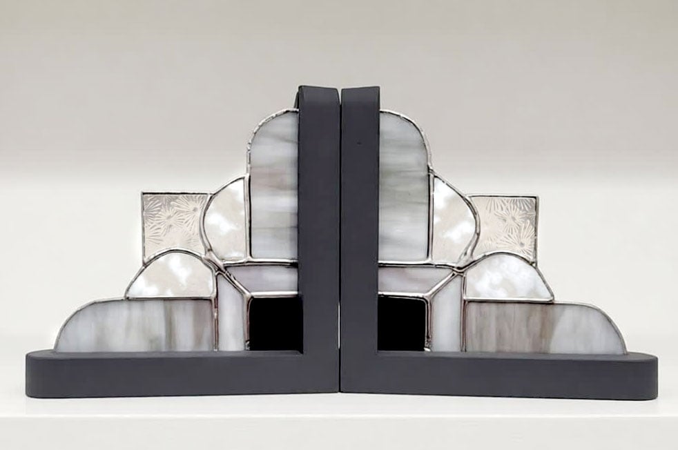 Stained Glass Monochrome Bookends Art Deco Design 