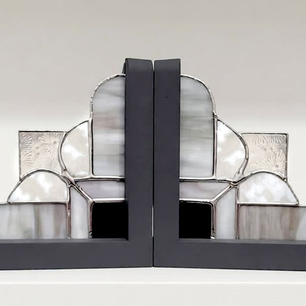 Stained Glass Monochrome Bookends Art Deco Design 