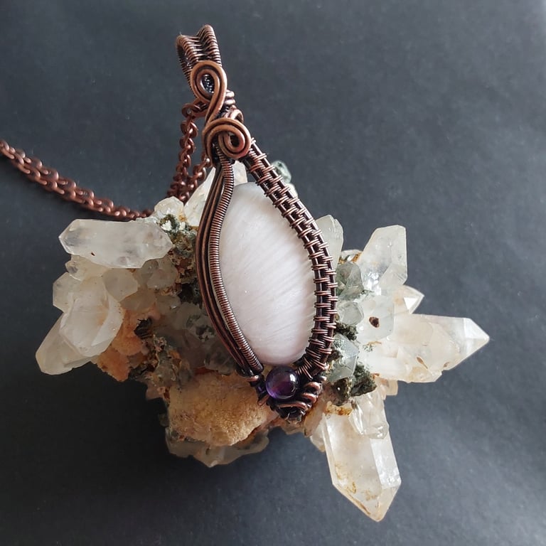Scolecite pendant with an  Amethyst bead accent