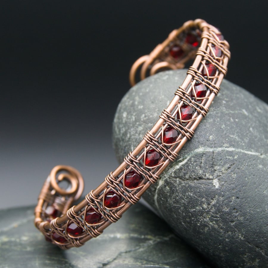 Snake Wire Weave Copper Cuff with Red Faceted Glass Beads