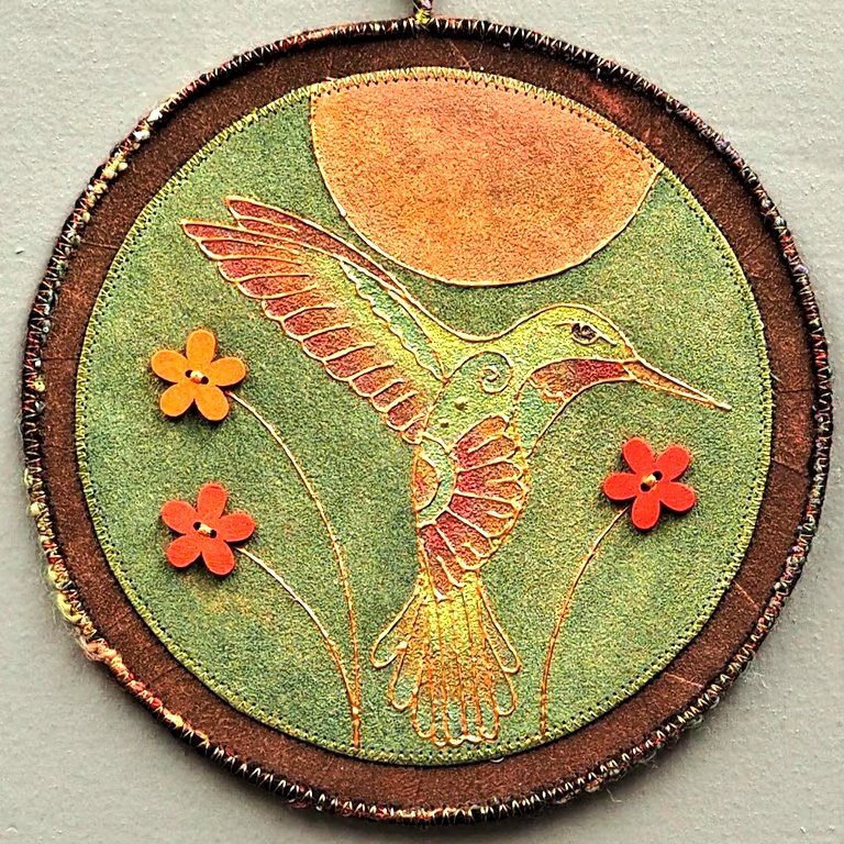 HBPM327-Hummingbird Mandala Wall Hanging-17.5cm diameter - Green-Rust-Red-Copper