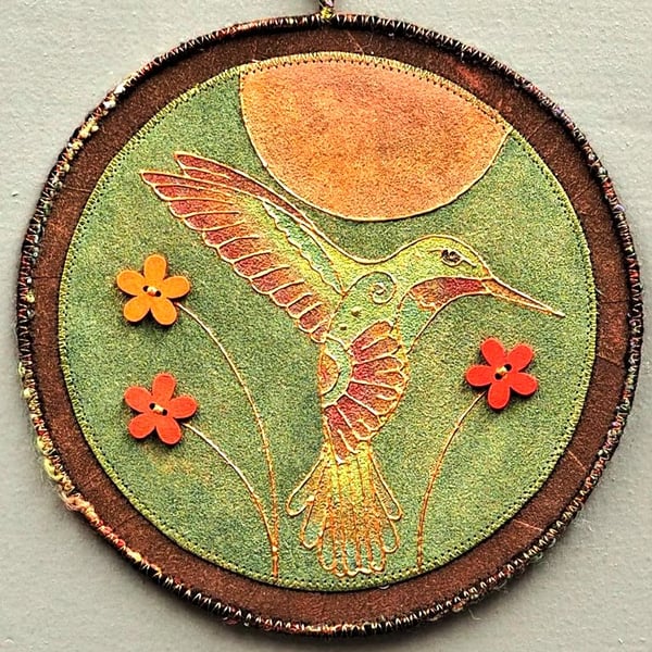 HBPM327-Hummingbird Mandala Wall Hanging-17.5cm diameter - Green-Rust-Red-Copper