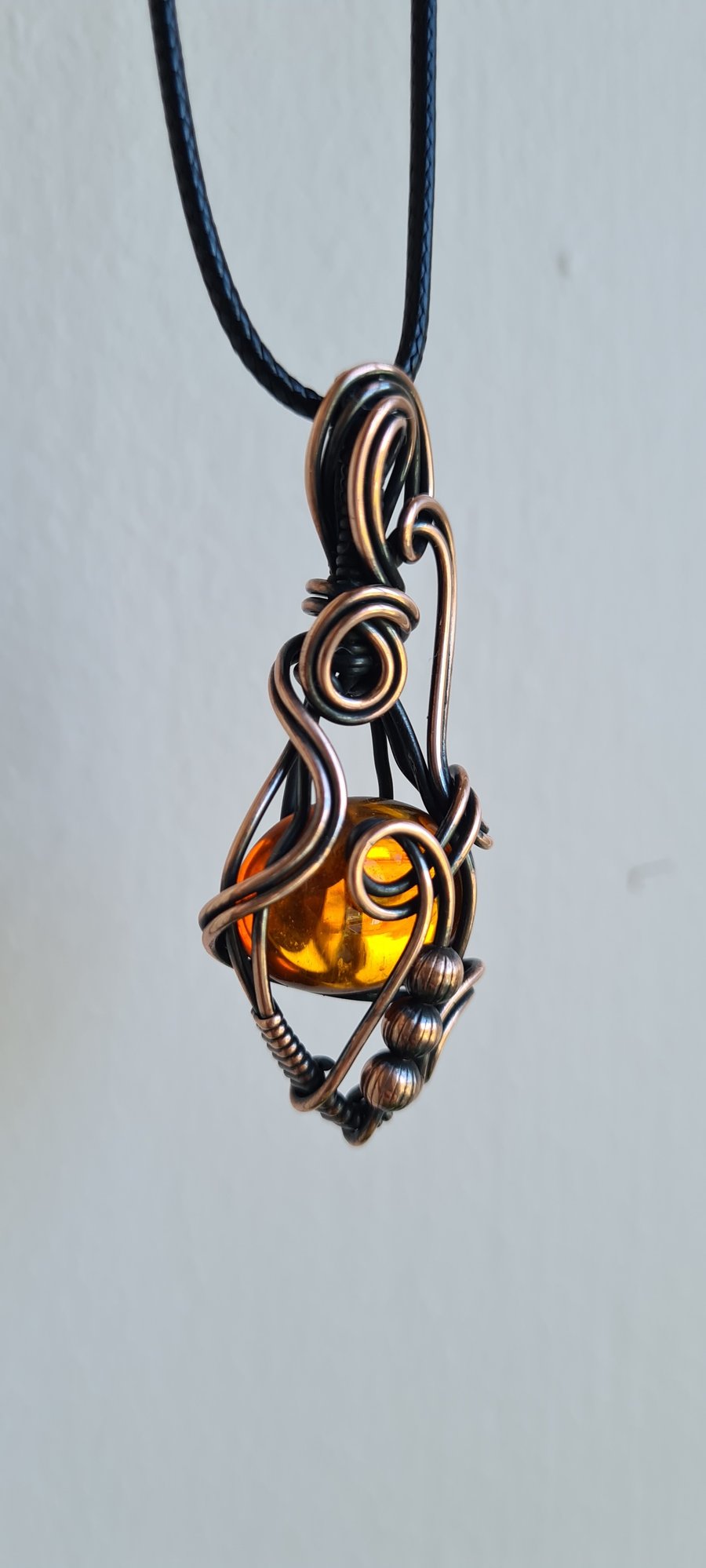 Handmade Amber Yellow Glass & Copper Wire Wrapped Pendant Necklace Gift Boxed