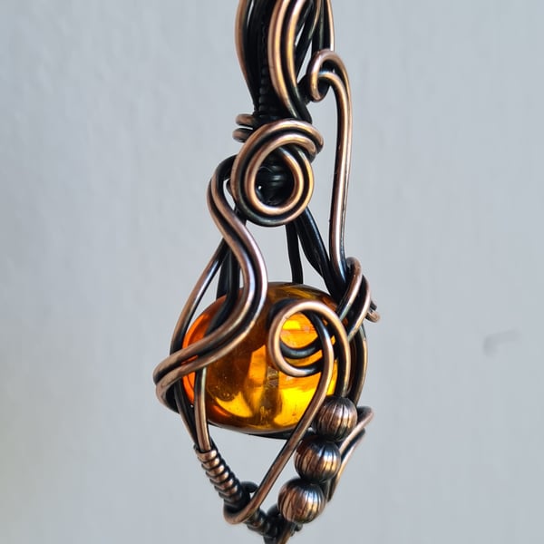 Handmade Amber Yellow Glass & Copper Wire Wrapped Pendant Necklace Gift Boxed