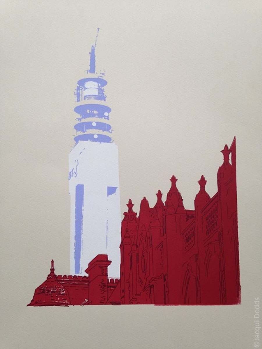 BT Tower,Birmingham, limited edition hand printed screen print, free UK shipping
