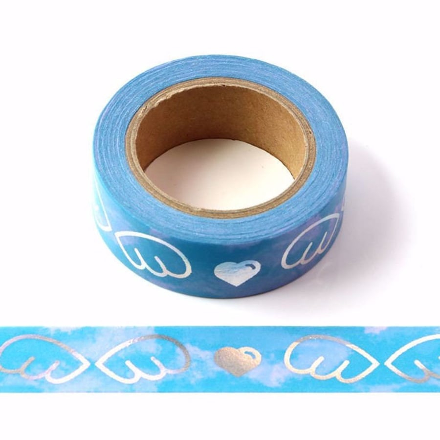 Angel Wings & Love Hearts Blue Clouds Decorative Washi Tape with Silver Foil 15m