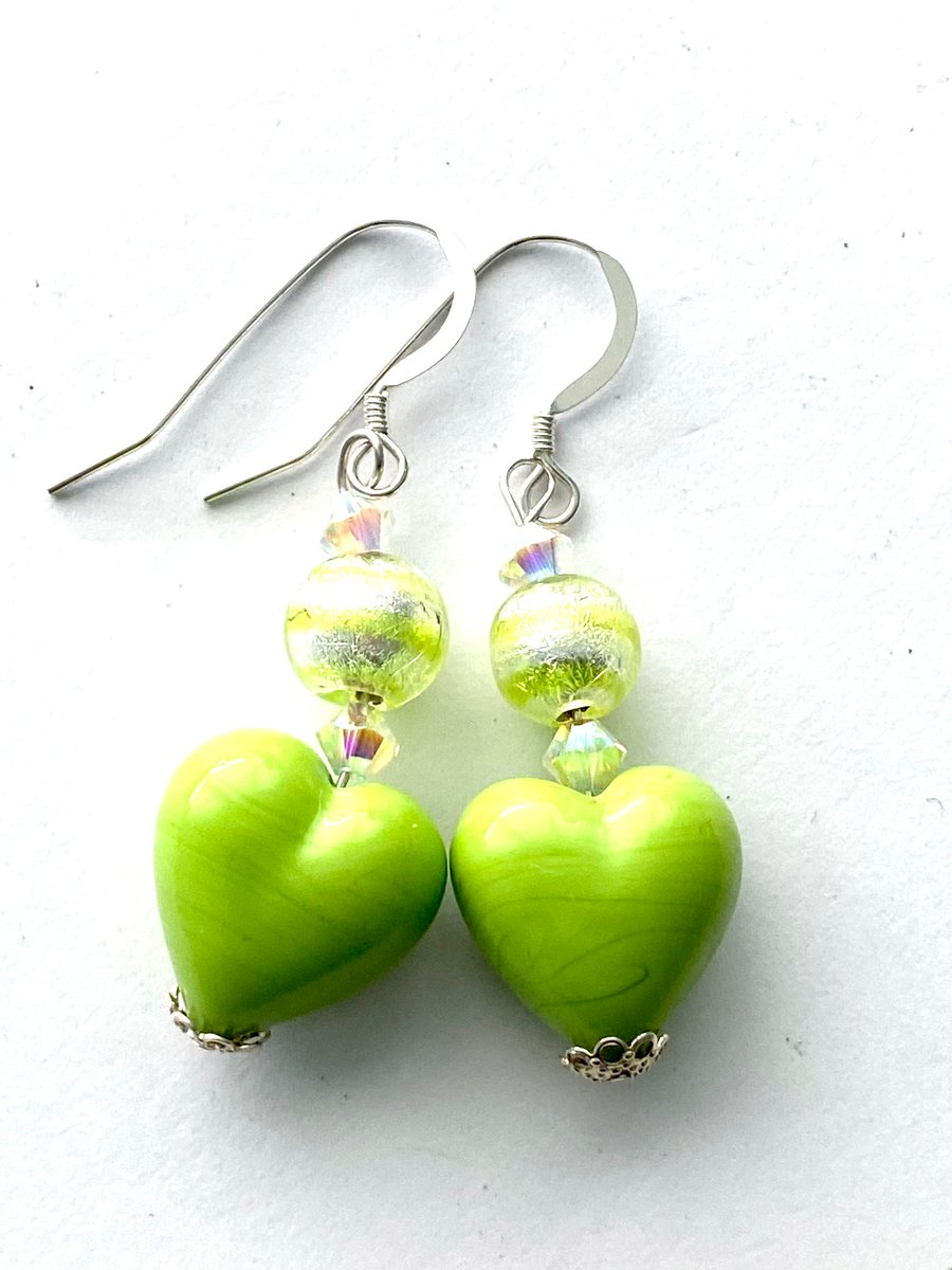 Murano glass green handmade heart earrings with Swarovski and sterling silver.