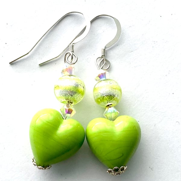 Murano glass green handmade heart earrings with Swarovski and sterling silver.