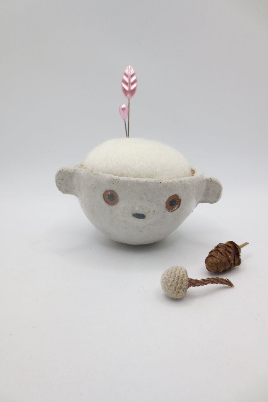 Handmade pottery polar bear pot with felt pin cushion