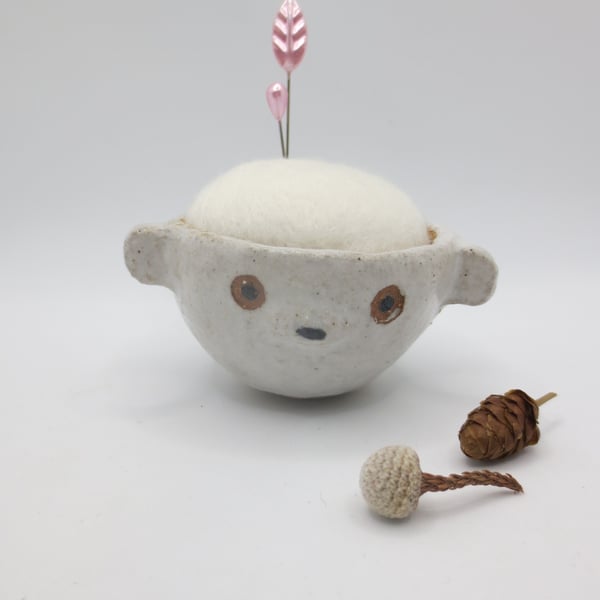Handmade pottery polar bear pot with felt pin cushion