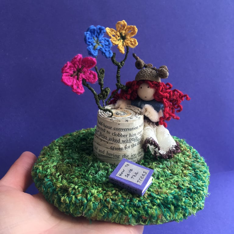 Fairy Tree Stump And Crochet Flowers Miniature Scene, Fairy Core Home Decoration