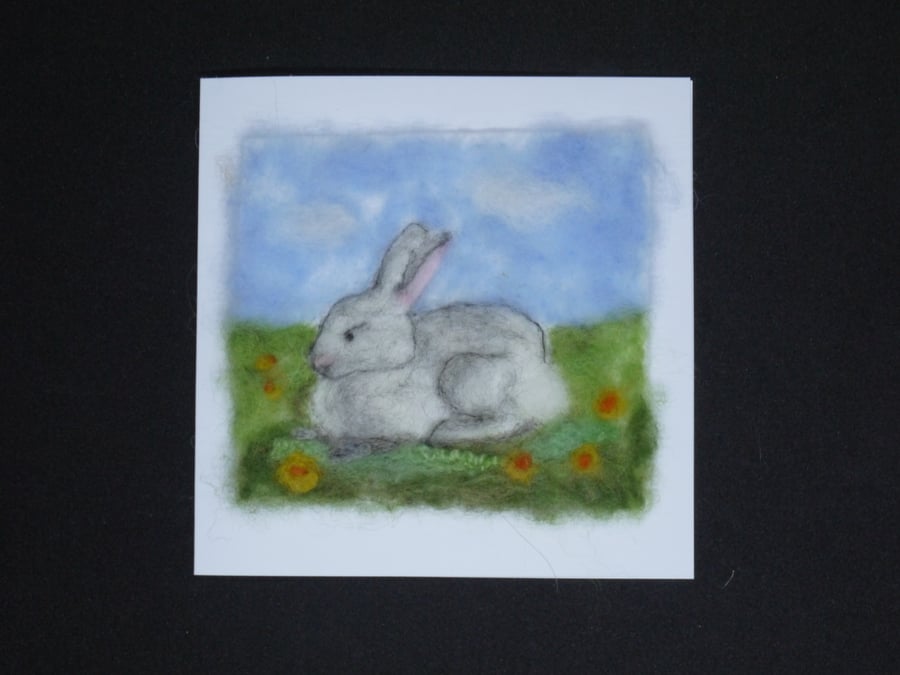 Handmade needle felted Spring rabbit blank greetings card