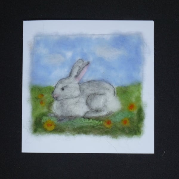Handmade needle felted Spring rabbit blank greetings card