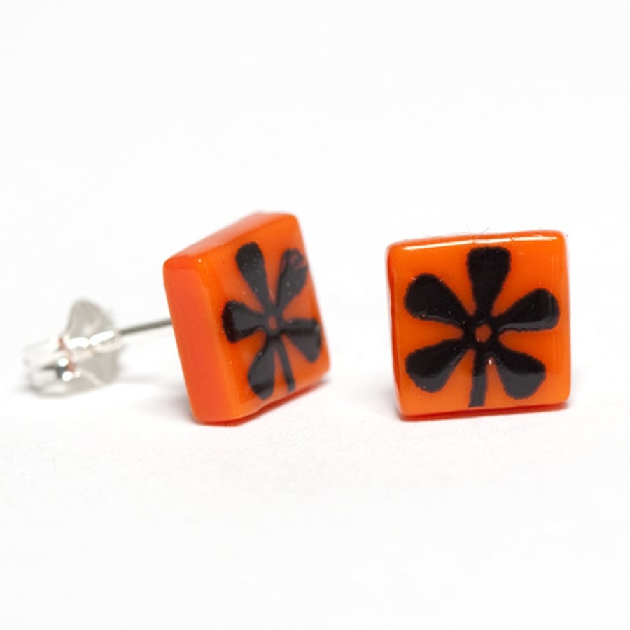 Black Daisy Earrings Fused Glass with Screen Printed Kiln Fired Enamel