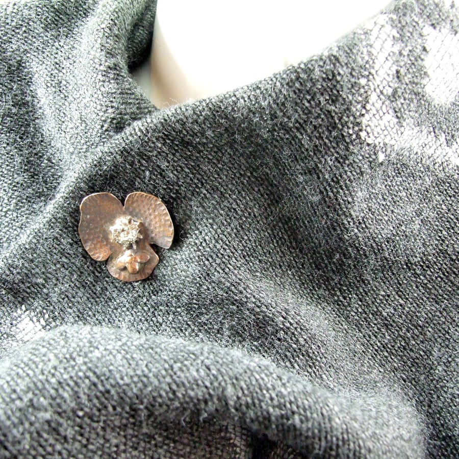 Large Flower & Bee Brooch. Copper and Sterling Silver Lapel or Shawl Pin 